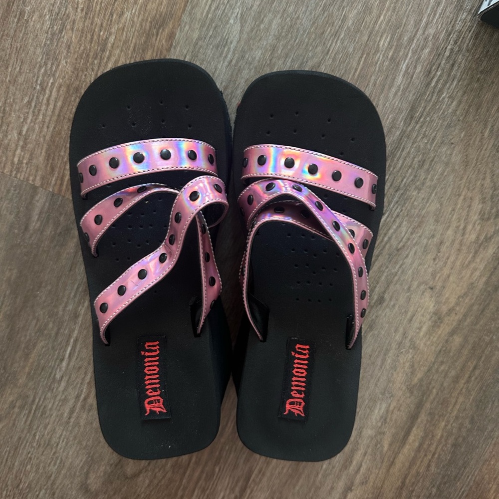 Demonia Black Slides with Iridescent Pink Straps